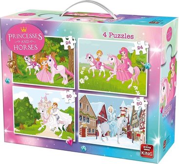 55894 King Puzzel Paarden en Prinsessen 4 in 1 Kinderpuzzel In Koffertje