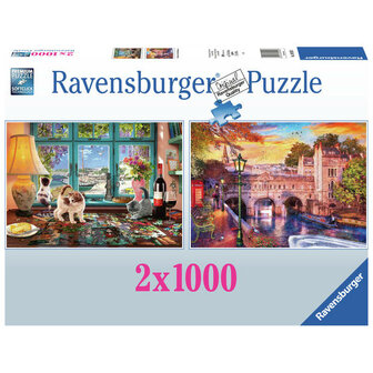 899203 Ravensburger 2-in-1 Puzzel Bath Romance &amp; Puzzler&#039;s desk 2x1000 Stukjes