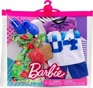 02764 Barbie Kleding Outfit en Accessoires 2-Pack Bloemen Jurk (Barbie) +  T-Shirt en Broek (voor Ken)
