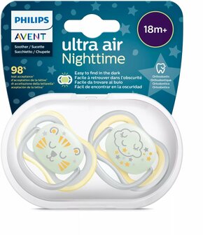 17473 Philips Avent Ultra Air Nighttime Glow in the Dark Fopspeen 18 M+ 2  stuks Geel/Grijs Wolk/Tijger
