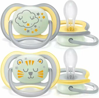 17473 Philips Avent Ultra Air Nighttime Glow in the Dark Fopspeen 18 M+ 2  stuks Geel/Grijs Wolk/Tijger