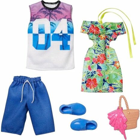 02764 Barbie Kleding Outfit en Accessoires 2-Pack Bloemen Jurk (Barbie) +  T-Shirt en Broek (voor Ken)