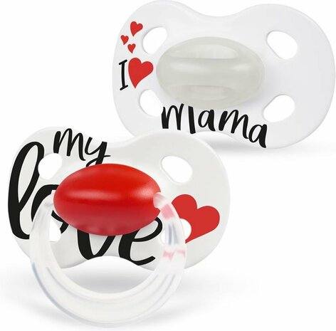 72451 Medela Baby Fopspeen Day&Night Hoge Acceptatie Orthdontisch Ergonomische Vorm Glow in the Dark Signature Love Mama 6-18 maanden 2 stuks