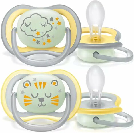 17473 Philips Avent Ultra Air Nighttime Glow in the Dark Fopspeen 18 M+ 2  stuks Geel/Grijs Wolk/Tijger