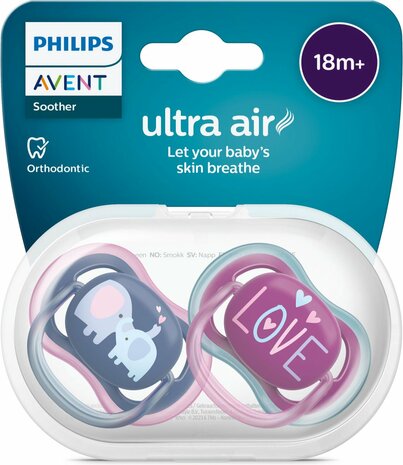 12942 Philips Avent Ultra Air Fopspeen 18m+  Donkerblauw/Paars Olifant/Love 2 stuks