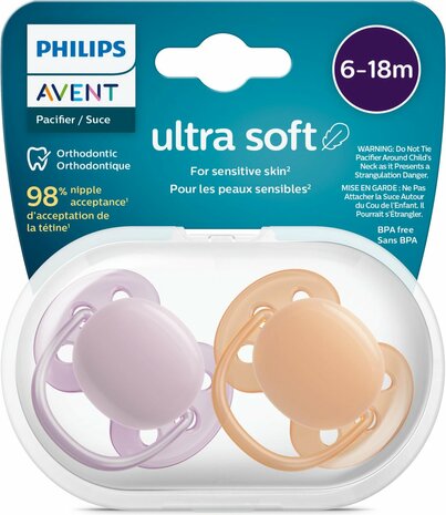 12799 Philips Avent Ultra Soft Fopspeen 6-18 Mnd. Roze/Oranje 2 stuks