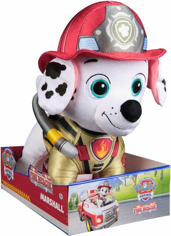 076471 PAW Patrol Brandweerredding Knuffel met brandblusserrugzak en slang, 25,5 cm