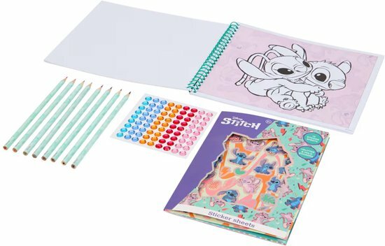 90647 Disney Stitch Kleurset met stickers, kleurpotloden en een map (20 stuks)