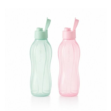 81145 Tupperware Ecofles 750ml Sport(klik)dop 2 stuks in lichte kleur Groen en Roze