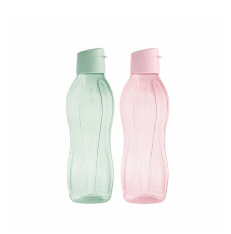 81145 Tupperware Ecofles 750ml Sport(klik)dop 2 stuks in lichte kleur Groen en Roze