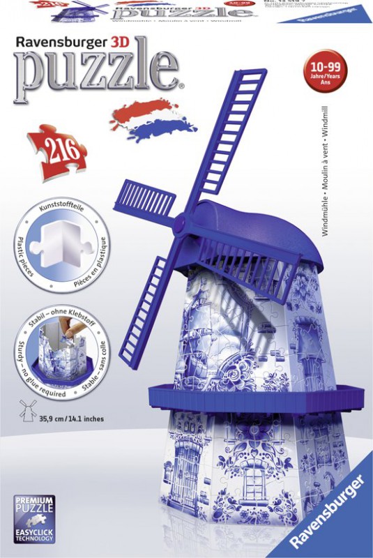 125197 Ravensburger 3D Puzzel molen Delfts Blauw 216 stukjes - ALMAspeelgoed.nl