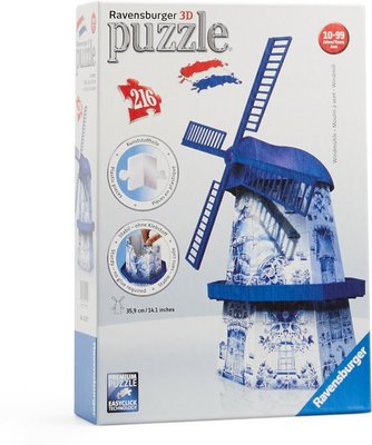 125197 Ravensburger 3D Puzzel Hollandse molen Delfts Blauw 216 stukjes
