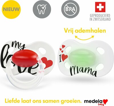 72451 Medela Baby Fopspeen Day&Night Hoge Acceptatie Orthdontisch Ergonomische Vorm Glow in the Dark Signature Love Mama 6-18 maanden 2 stuks