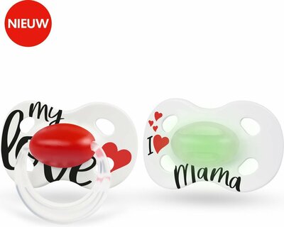 72451 Medela Baby Fopspeen Day&Night Hoge Acceptatie Orthdontisch Ergonomische Vorm Glow in the Dark Signature Love Mama 6-18 maanden 2 stuks