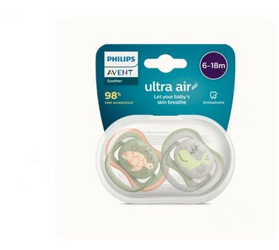 12676 Philips Avent Fopspeen 6-18M Ultra Air Dieren Mix (2 stuks) Groen/grijs 