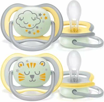 17473 Philips Avent Ultra Air Nighttime Glow in the Dark Fopspeen 18 M+ 2  stuks Geel/Grijs Wolk/Tijger