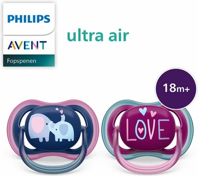 12942 Philips Avent Ultra Air Fopspeen 18m+  Donkerblauw/Paars Olifant/Love 2 stuks