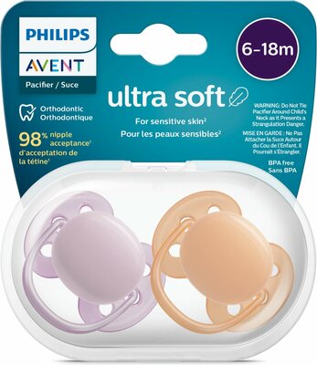 12799 Philips Avent Ultra Soft Fopspeen 6-18 Mnd. Roze/Oranje 2 stuks