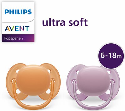 12799 Philips Avent Ultra Soft Fopspeen 6-18 Mnd. Roze/Oranje 2 stuks