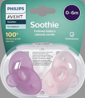 63875 Philips Avent Soothie Fopspeen 0-6 Mnd 2 stuks Roze/Donkerroze 