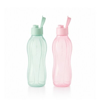 81145 Tupperware Ecofles 750ml Sport(klik)dop 2 stuks in lichte kleur Groen en Roze